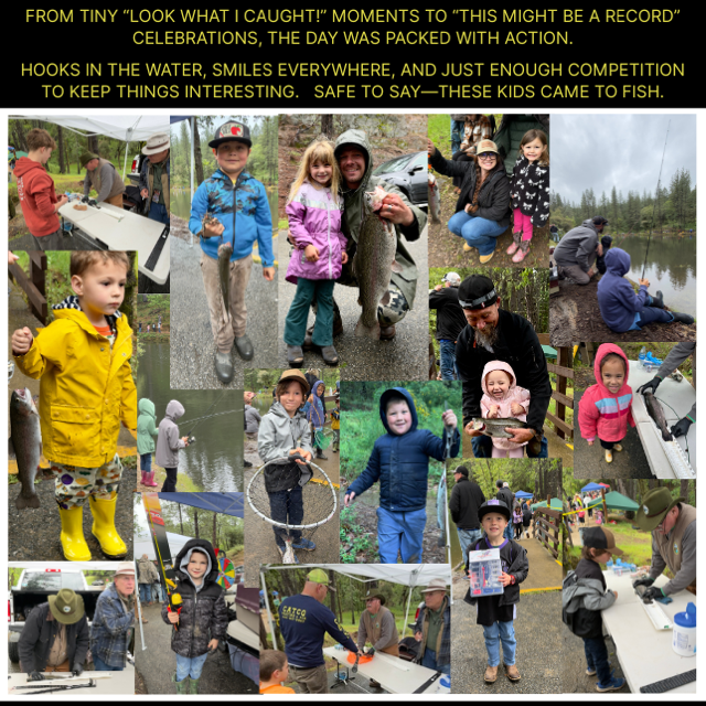 Collage of images of young kids holding the fish they caught at the fishing derby and smiling. Includes the text: From tiny 